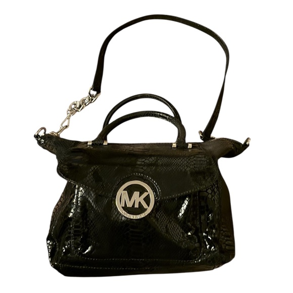 Michael Kors Chain Snake Embossed Leather Shoulder Bag/Cross Body Jet Set BlacK - Picture 3 of 14